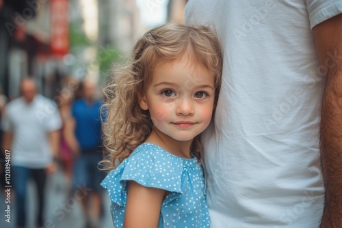 Little girl in blue dress hiding behind father leg on city street