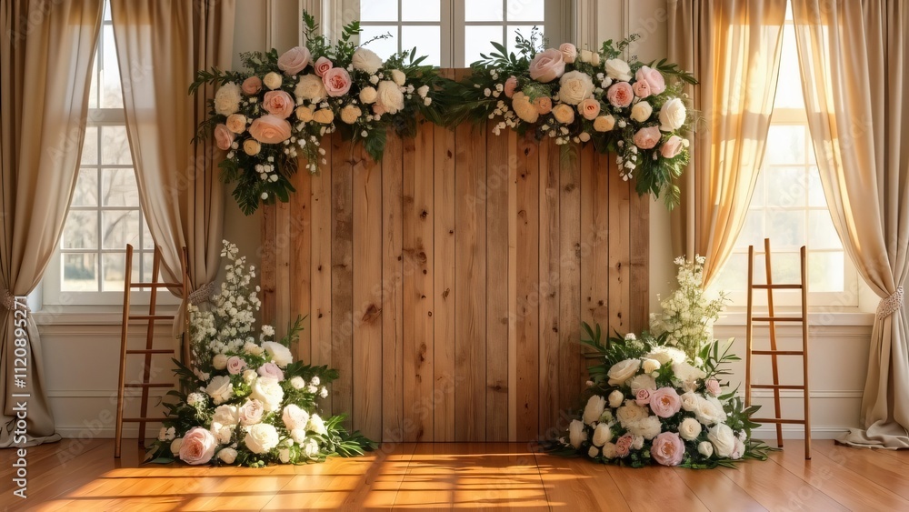 Fototapeta premium Rustic Wooden Wedding Photo Booth Backdrop with Pastel Flowers & Ladders
