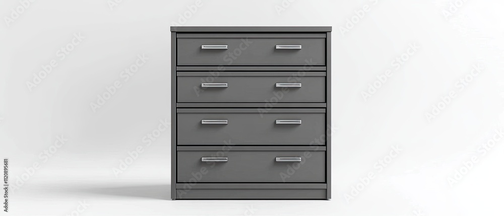 Four-drawer gray chest of drawers, modern design. Four-drawer gray chest of drawers, modern design.