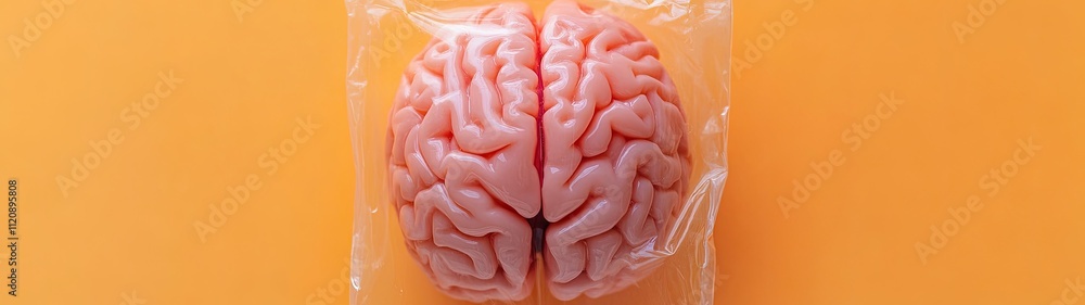 Human brain model in plastic bag on orange. Human brain model in plastic bag on orange.