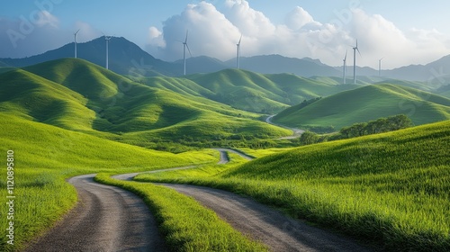 Scenic Highway with Wind Turbines Along the Roadway in a Lush Green Landscape under a Clear Sky with Rolling Hills and Mountains