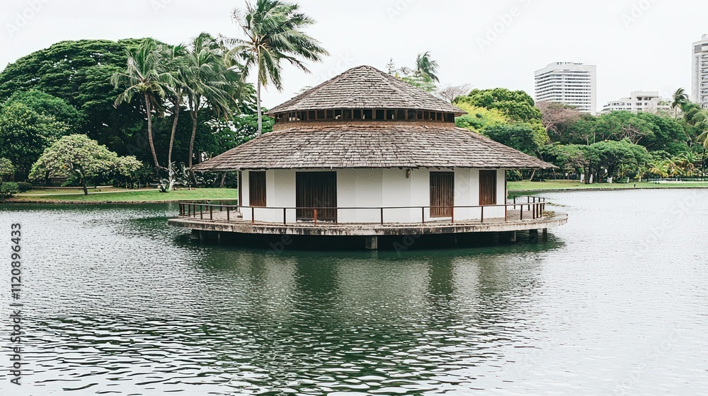 A serene pavilion on water surrounded by lush greenery and urban skyline. A serene pavilion on water surrounded by lush greenery and urban skyline.