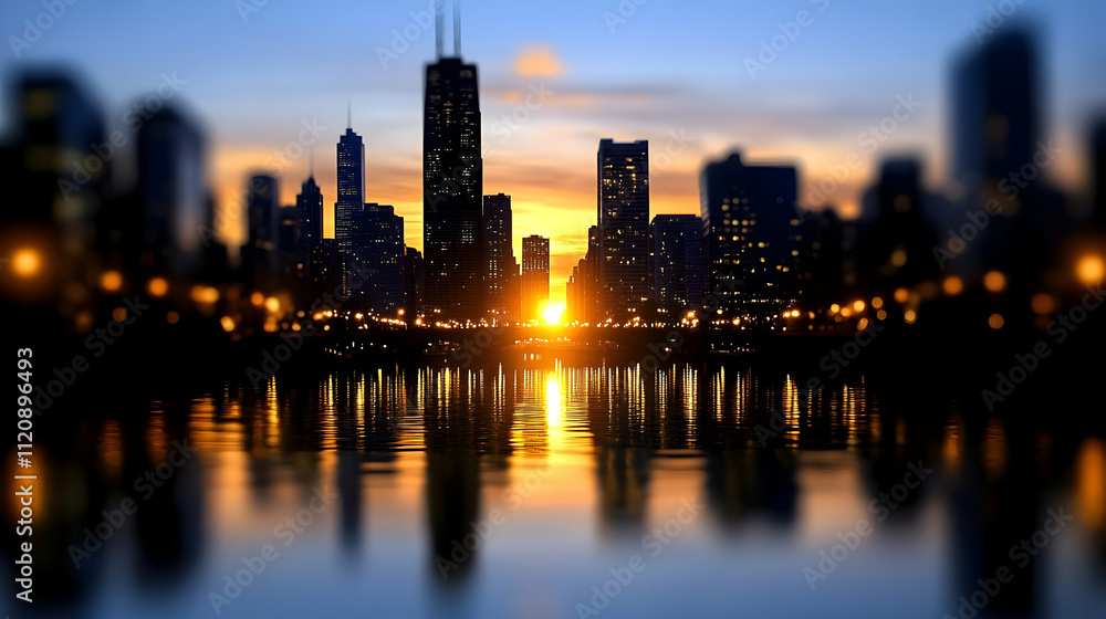 Fototapeta premium Blurry Chicago cityscape at sunset with reflection on water