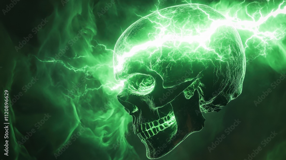 A glowing green lightning bolt encircles a skull, highlighting intricate details and casting an eerie light. A glowing green lightning bolt encircles a skull, highlighting intricate details and casting an eerie light.