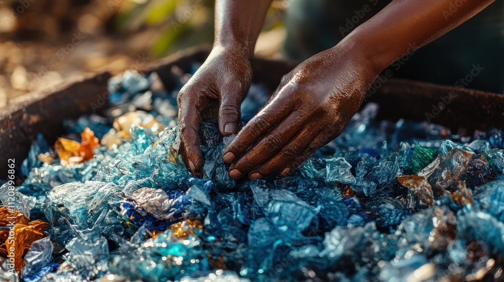 Close-up of hands sorting crushed blue plastic. Illustrates recycling, waste management, and sustainability. Close-up of hands sorting crushed blue plastic. Illustrates recycling, waste management, and sustainability.