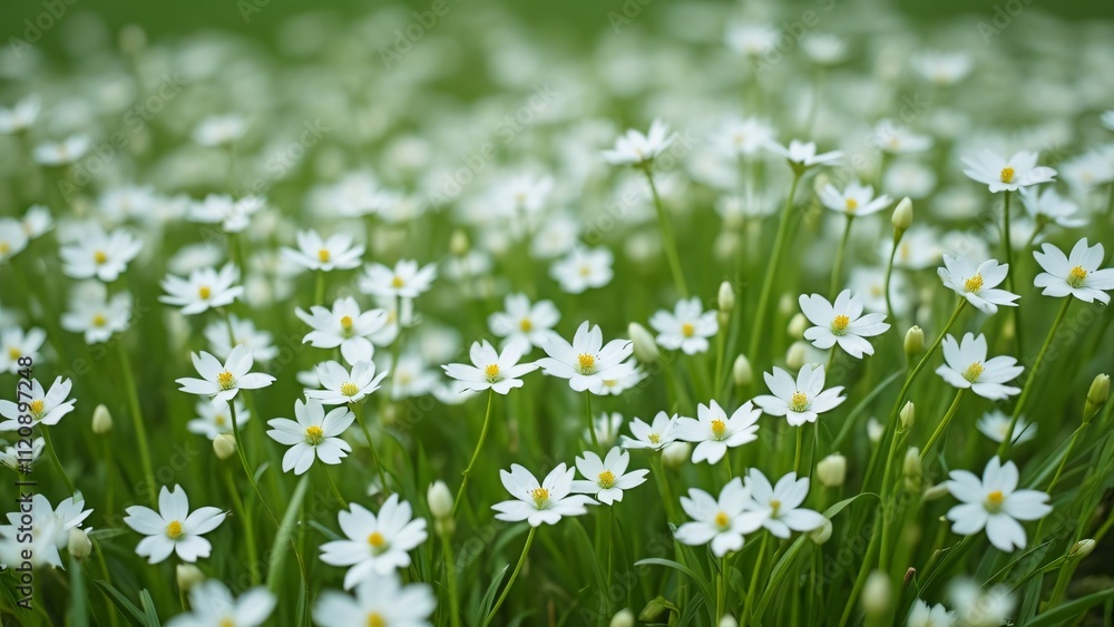 Endless Sea of Delicate White Star Flowers Blooming in Lush Green Field Endless Sea of Delicate White Star Flowers Blooming in Lush Green Field