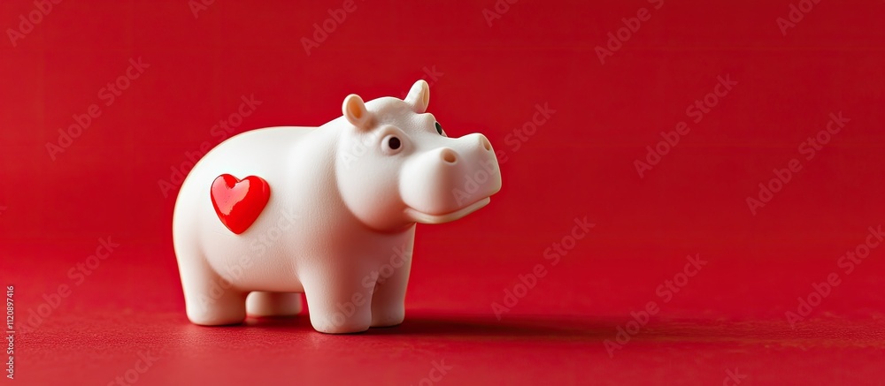 White hippo figurine with red heart on red background. White hippo figurine with red heart on red background.