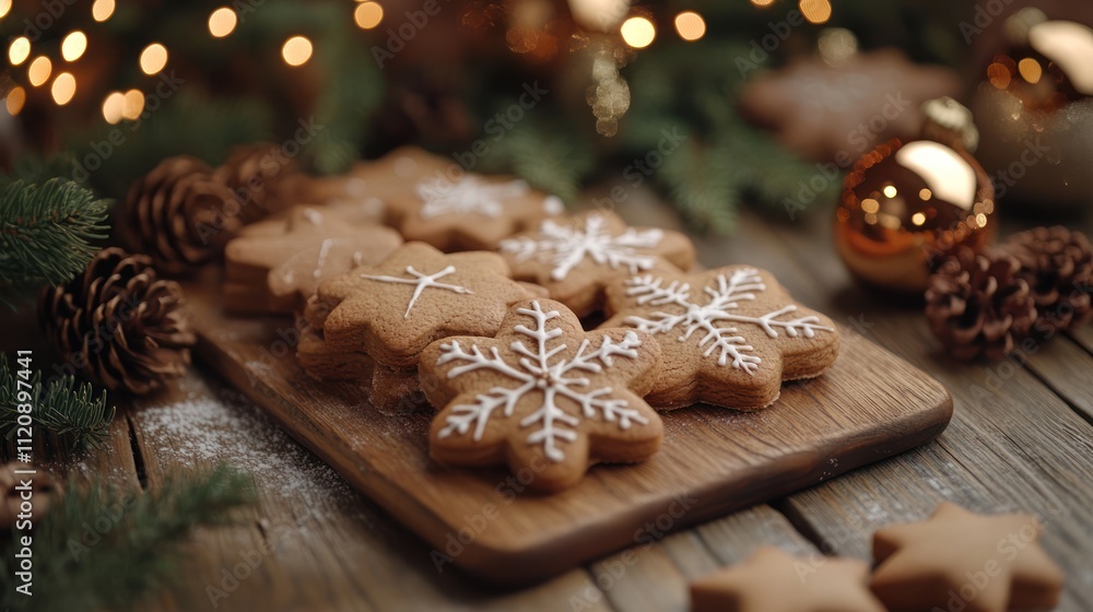 Composition of tasty cookies and Christmas decor on wooden table Composition of tasty cookies and Christmas decor on wooden table
