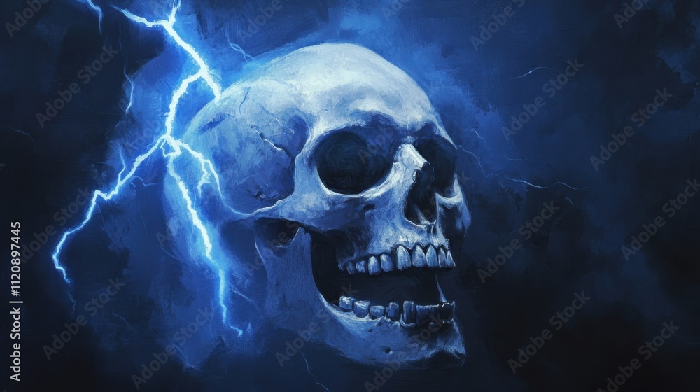 A human skull illuminated by a vivid blue lightning bolt, with striking textures and shadows against a dark background. A human skull illuminated by a vivid blue lightning bolt, with striking textures and shadows against a dark background.