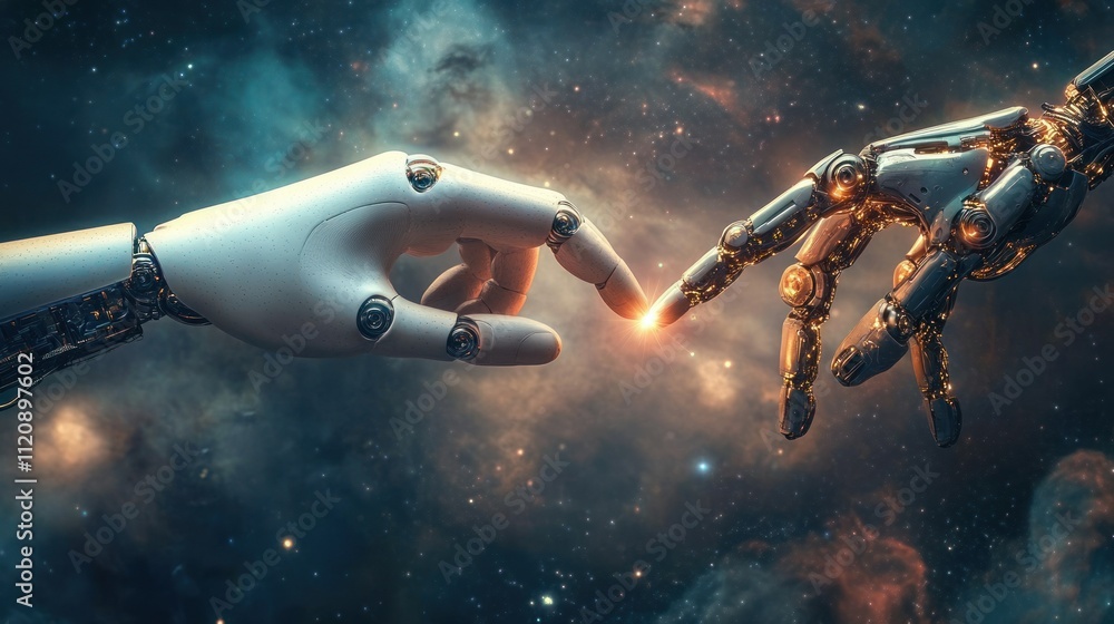 Connection Between Human and Robot Hand Illuminated by Cosmic Light Symbolizing Teamwork and Progress in Artificial Intelligence Connection Between Human and Robot Hand Illuminated by Cosmic Light Symbolizing Teamwork and Progress in Artificial Intelligence