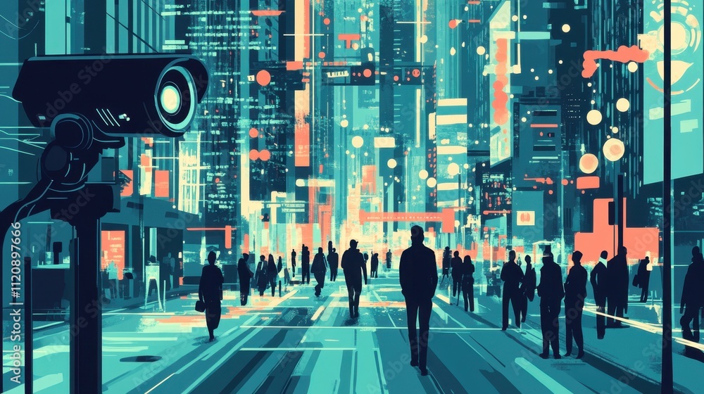 Obraz premium A lively urban landscape showcasing a surveillance camera and futuristic digital elements, surrounded by skyscrapers and busy streets.