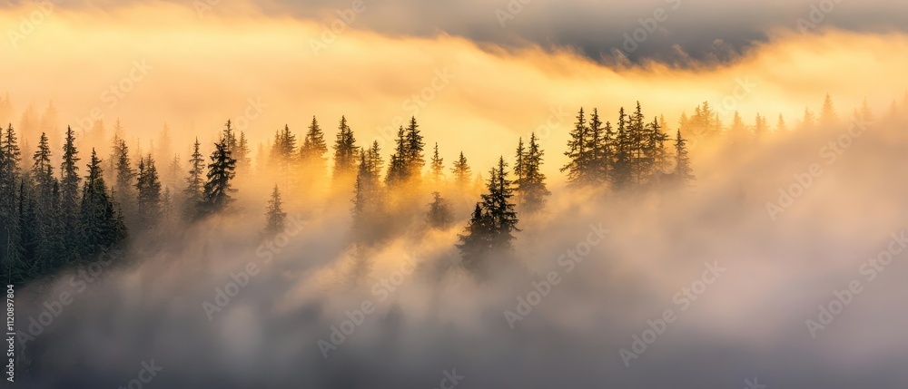 Ephemeral beauty Concept. A serene landscape of misty forests bathed in warm golden light, creating a tranquil and mysterious atmosphere. Ephemeral beauty Concept. A serene landscape of misty forests bathed in warm golden light, creating a tranquil and mysterious atmosphere.