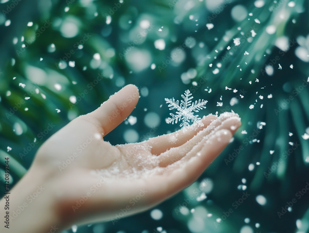 Ephemeral beauty Concept. A hand holds a delicate snowflake amidst falling snow, surrounded by soft greenery, evoking a serene winter atmosphere. Ephemeral beauty Concept. A hand holds a delicate snowflake amidst falling snow, surrounded by soft greenery, evoking a serene winter atmosphere.