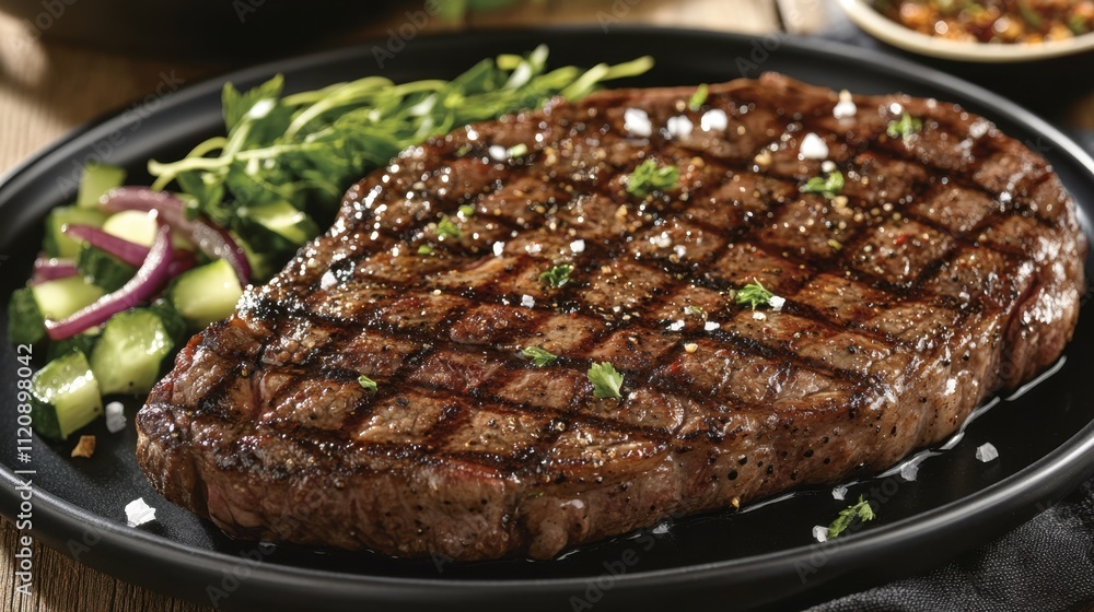 A perfectly sliced beef steak on a black plate, garnished with fresh herbs, veggies, and a glossy sauce, exuding elegance. A perfectly sliced beef steak on a black plate, garnished with fresh herbs, veggies, and a glossy sauce, exuding elegance.