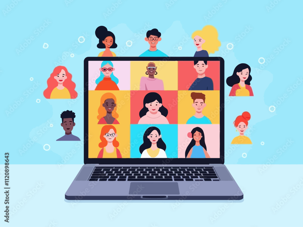 A laptop screen displaying multiple avatars of people in different colors, each representing one person on the video call A laptop screen displaying multiple avatars of people in different colors, each representing one person on the video call
