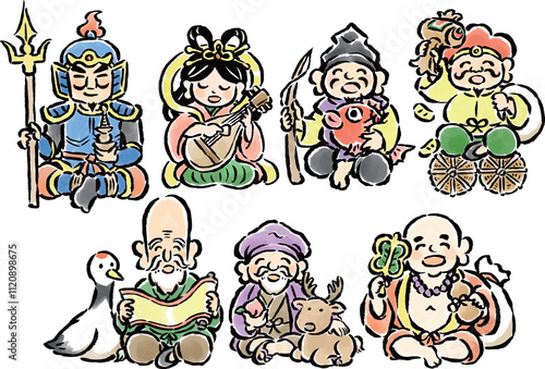 七福神　筆タッチ手描き　座りポーズイラストセット