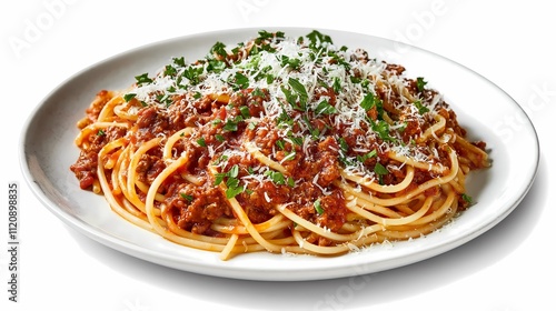 A delicious plate of spaghetti topped with rich meat sauce, garnished with herbs and grated cheese, showcasing Italian cuisine at its finest.