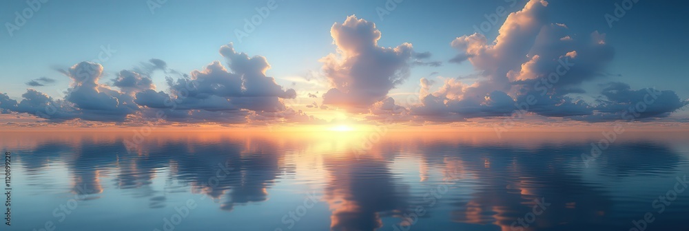 Fototapeta premium Serene Sunrise Over the Calm Sea With Rays of Light Illuminating the Tranquil Waters and Reflecting Softly on the Smooth Surface