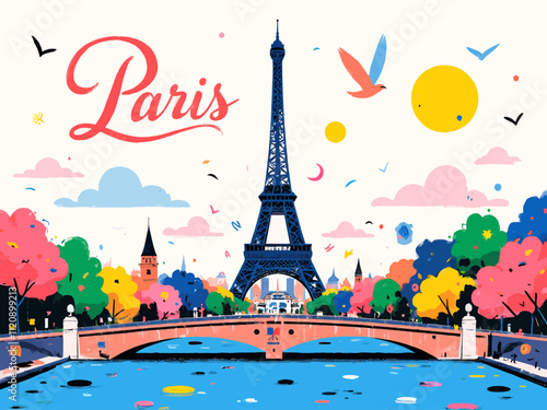 illustration vector a wallpaper background, stylized, modern, Paris themes, geometric, flat colors, depicting Paris items