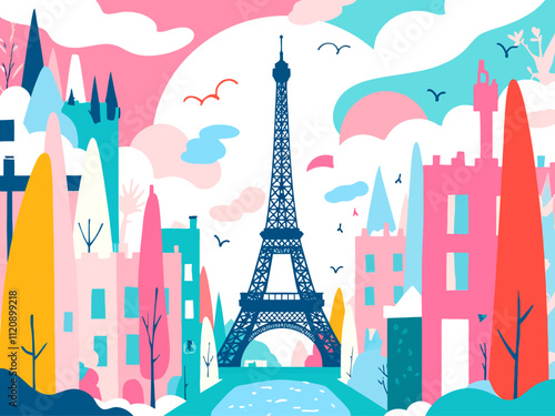 illustration vector a wallpaper background, stylized, modern, Paris themes, geometric, flat colors, depicting Paris items