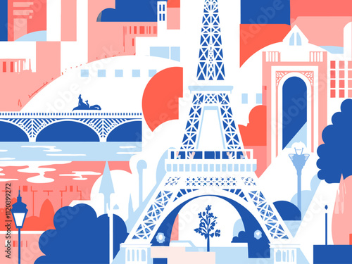 illustration vector a wallpaper background, stylized, modern, Paris themes, geometric, flat colors, depicting Paris items