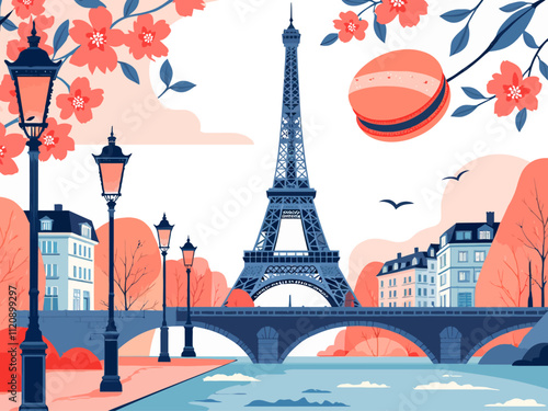 illustration vector a wallpaper background, stylized, modern, Paris themes, geometric, flat colors, depicting Paris items