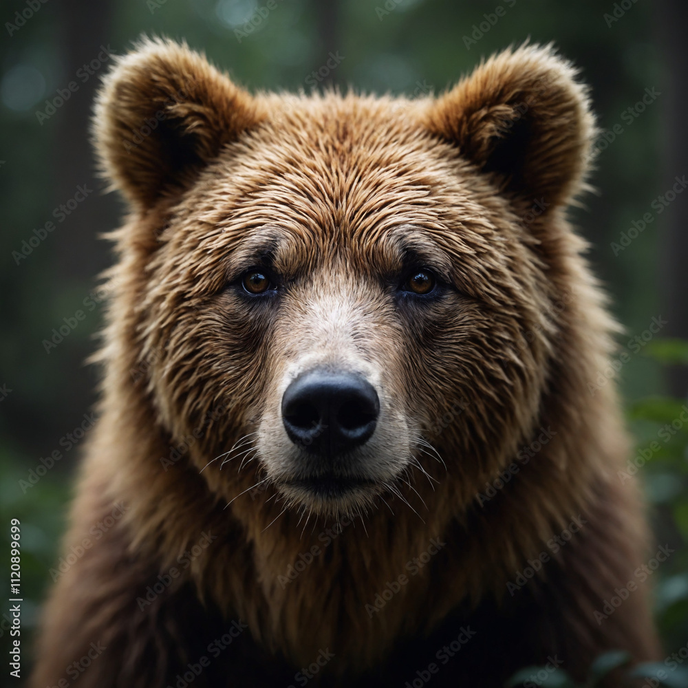Fototapeta premium Grizzly bear looking at camera with a curious expression in a lush green forest