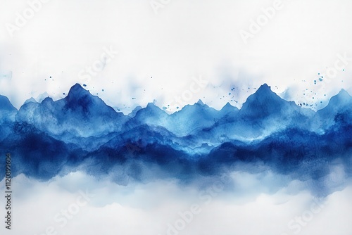 Serene Blue Watercolor Landscape with Textured Mountain Peaks and Soft Atmospheric Hues