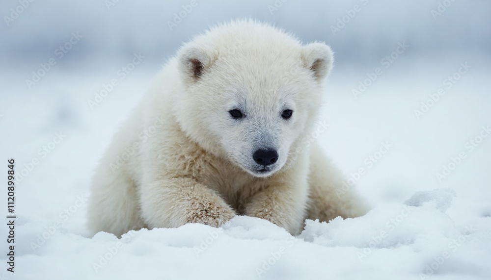 Polar bear cub lying in the snow with a curious expression in a cold Arctic landscape Polar bear cub lying in the snow with a curious expression in a cold Arctic landscape