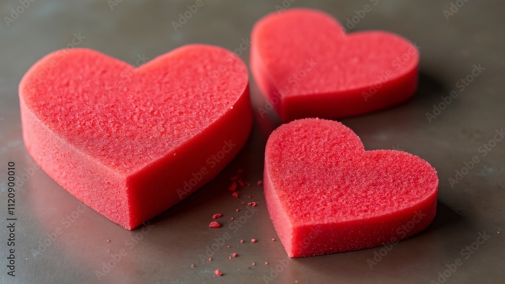 Obraz premium Three Red Heart-Shaped Sponges, One Large, Two Small, on Dark Table - Romantic Valentine's Day Concept
