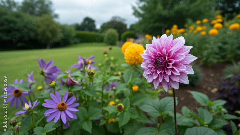 Obraz premium Stunning Purple and Yellow Flower Garden Photography, Dahlias, Lawns, Trees, Cloudy Sky