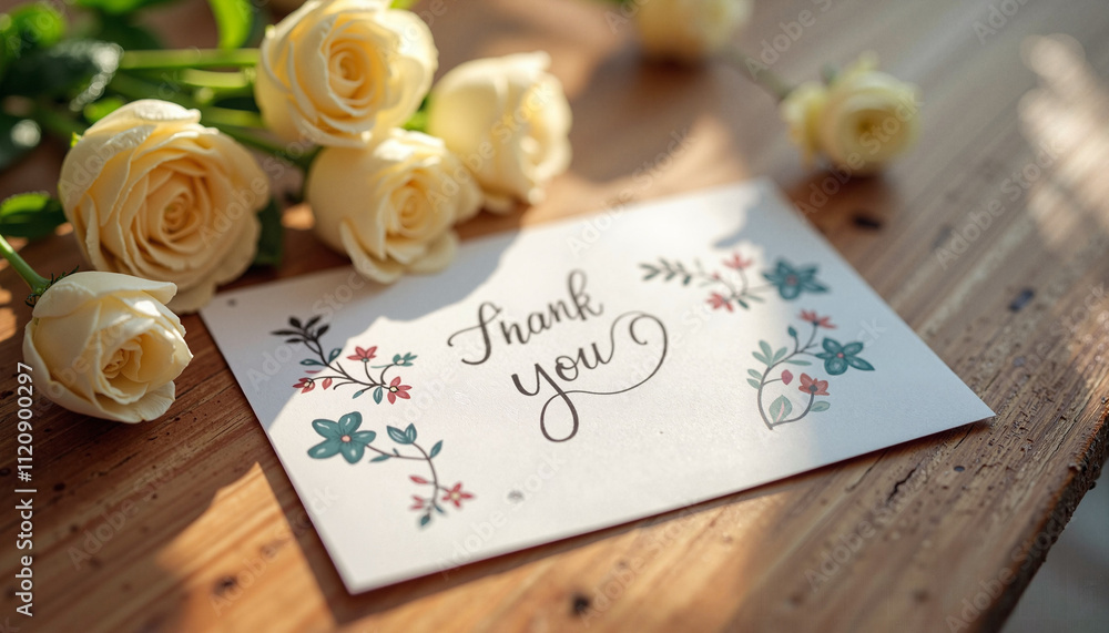Thank you card with floral design placed next to fresh roses on a wooden table Thank you card with floral design placed next to fresh roses on a wooden table