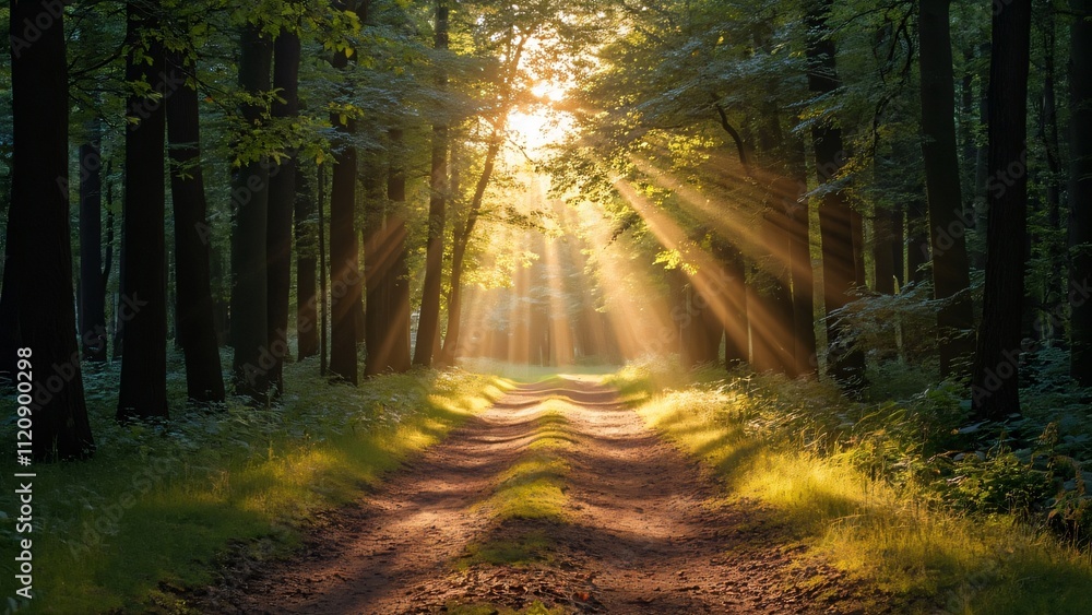 Naklejka premium Sunlit Forest Path, Magical Dirt Road Through Lush Trees, Golden Sunlight Rays