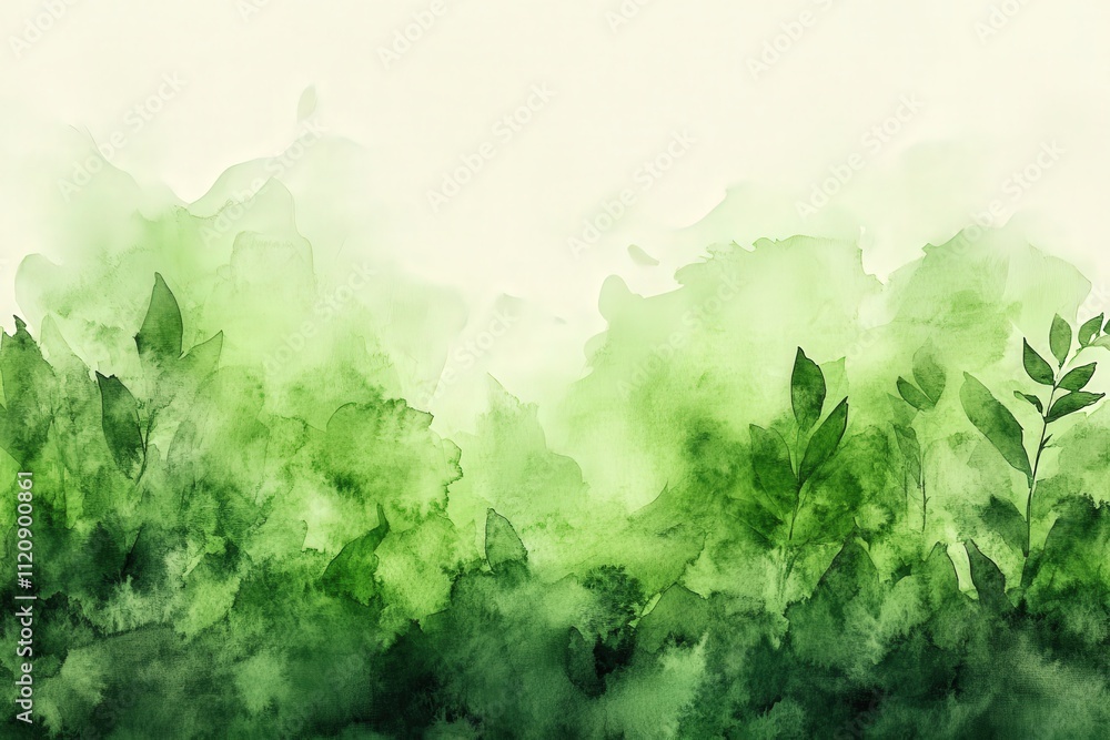Fototapeta premium Serene Watercolor Green Texture with Abstract Leaves in Raw Style, Perfect for Backgrounds and Nature-Inspired Designs
