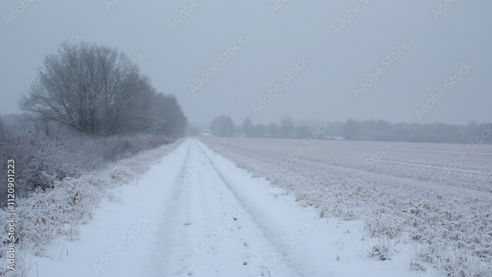 Serene Winter Landscape, Snow-Covered Trail Through Open Field with Trees and Overcast Sky Serene Winter Landscape, Snow-Covered Trail Through Open Field with Trees and Overcast Sky
