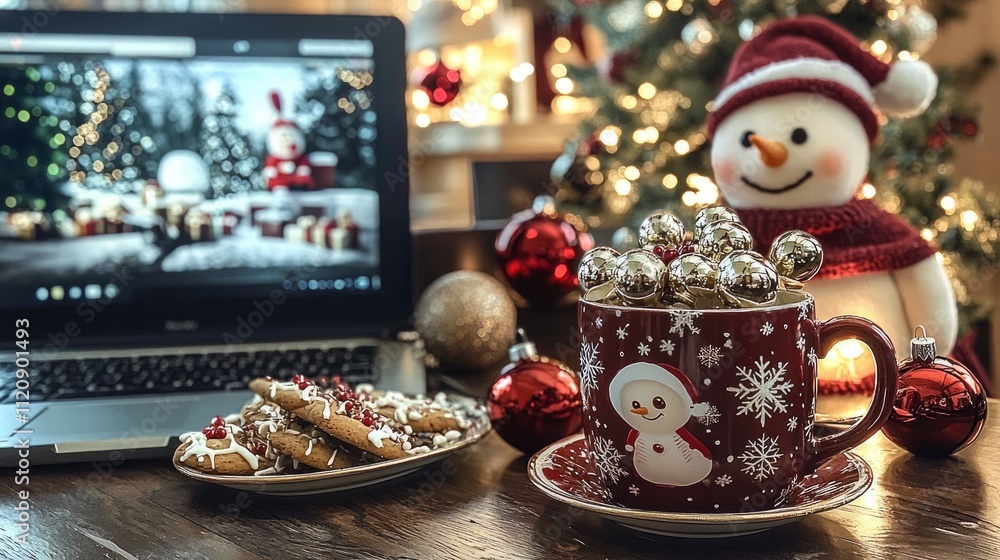 Naklejka premium Cozy Christmas Eve Laptop, Cookies, Hot Chocolate, and Snowman