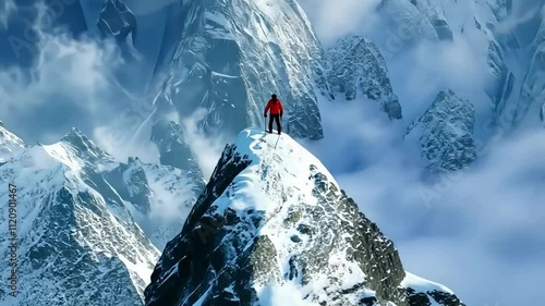 Climber conquers majestic snow-capped peak in breathtaking mountain range