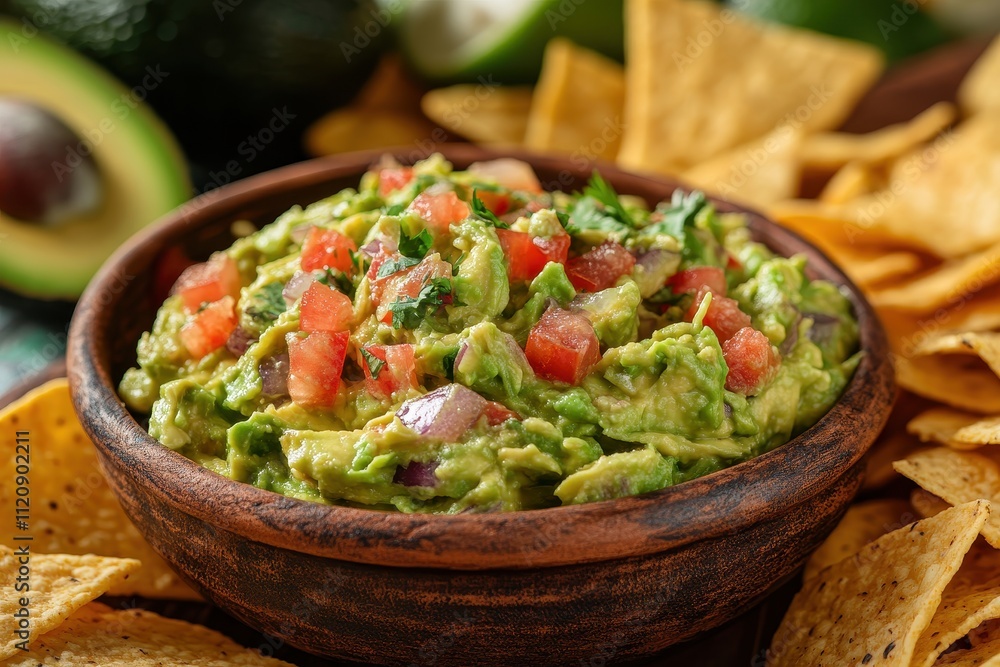 Fresh guacamole with tomatoes and onions in a bowl. Perfect for illustrating Mexican food, recipes, or healthy eating. Fresh guacamole with tomatoes and onions in a bowl. Perfect for illustrating Mexican food, recipes, or healthy eating.