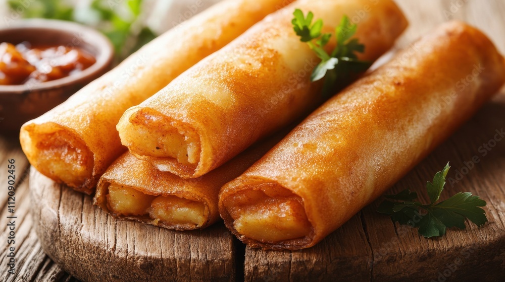 Close-up of golden masala dosa rolled with spiced potato filling, served with chutney and sambar, on a rustic wooden table Close-up of golden masala dosa rolled with spiced potato filling, served with chutney and sambar, on a rustic wooden table
