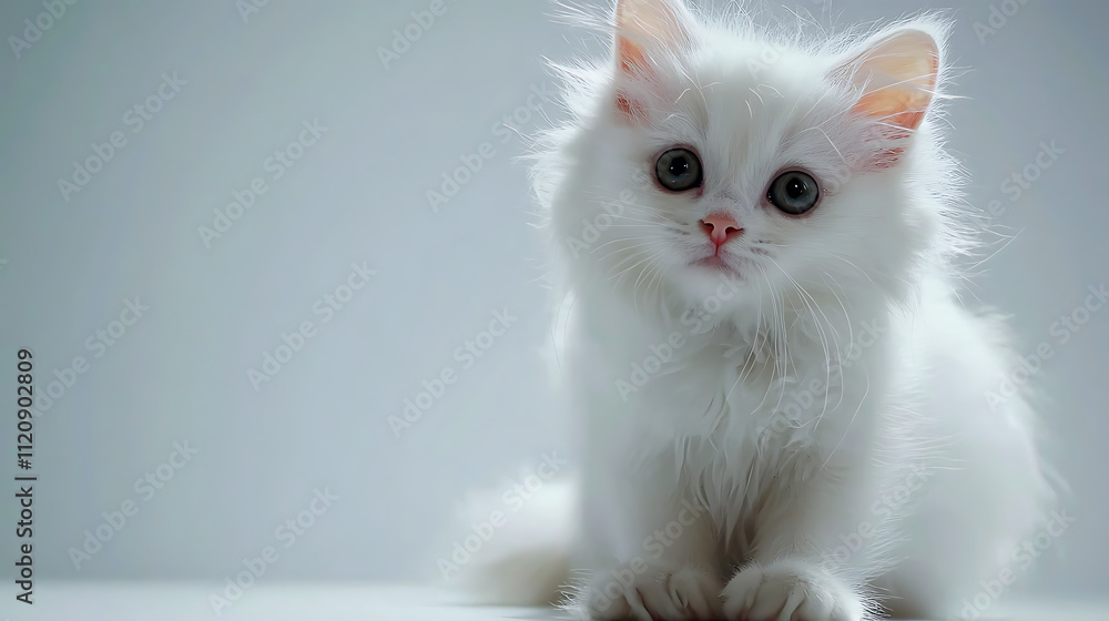 Fototapeta premium A white kitten with blue eyes is sitting on a white surface