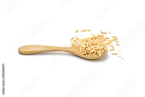 Oat groats on  wooden spoon isolated on white background. Oats contain nutrients that help prevent many diseases, boost immunity, regulate blood sugar levels, and lower cholesterol.