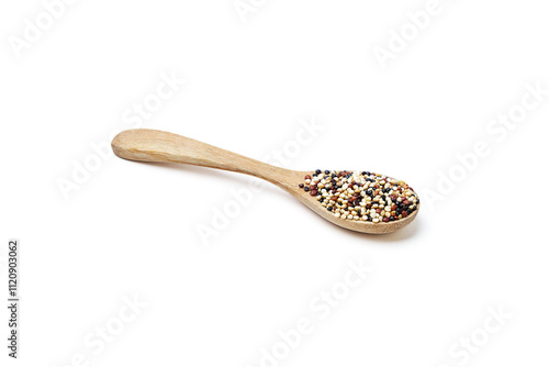 Organic Tri-color Quinoa (Mixed Quinoa) placed on wooden spoon isolated on white background. Quinoa is a round seed that is high in protein, high in energy, and rich in high fiber.