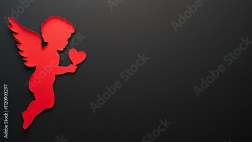 Red Cupid Silhouette with Heart Cutout on Black Background, Valentine's Day Design Element