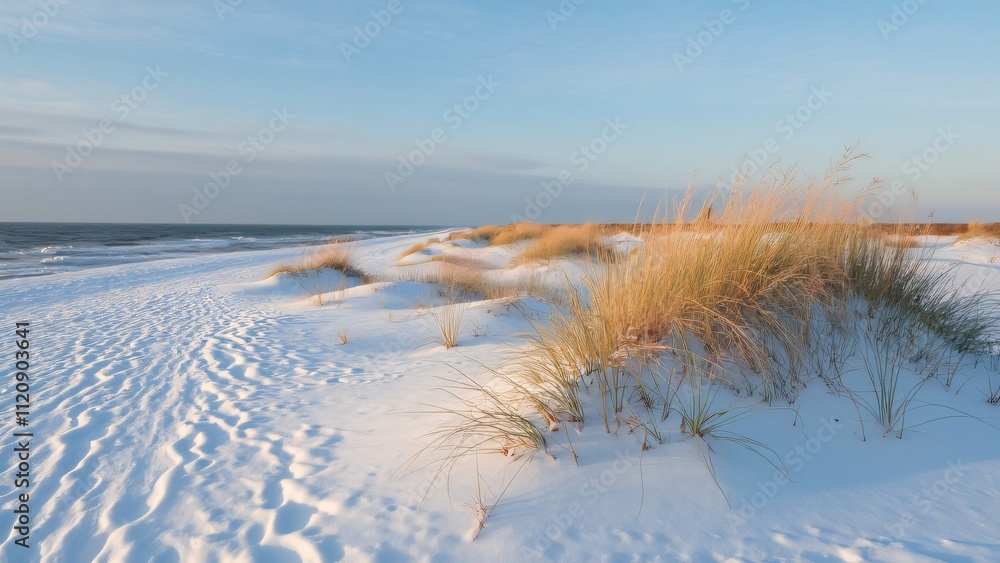 Fototapeta premium Winter Seascape, Snow-Covered Dunes at Słowiański Beach, Sejny, Poland