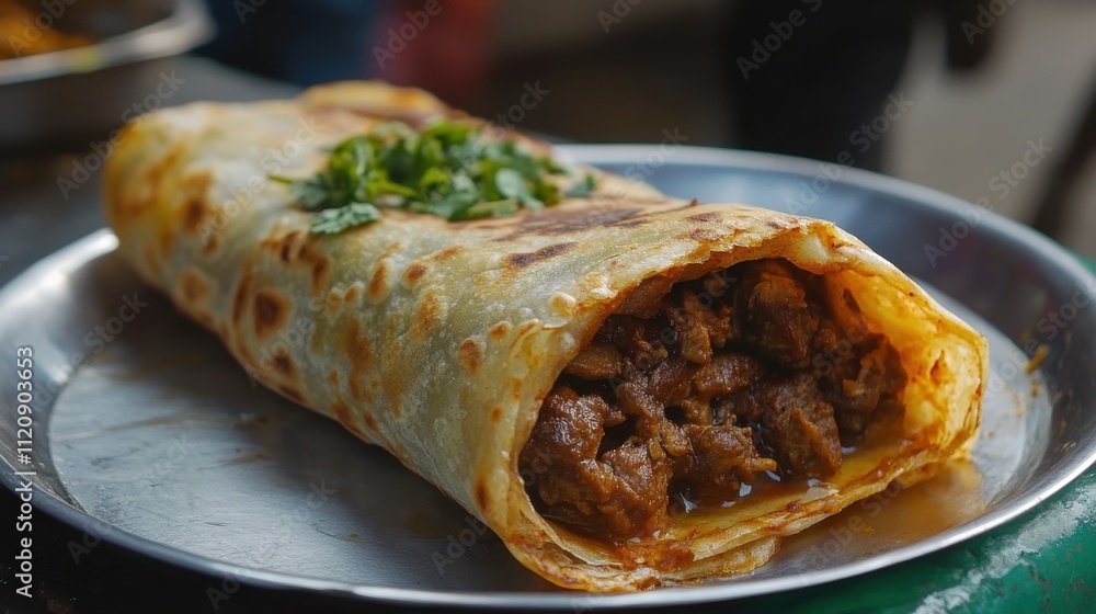 Egg and mutton-filled Kati roll, rolled in golden paratha and served with lemon and mint chutney, vibrant Kolkata street food scene.