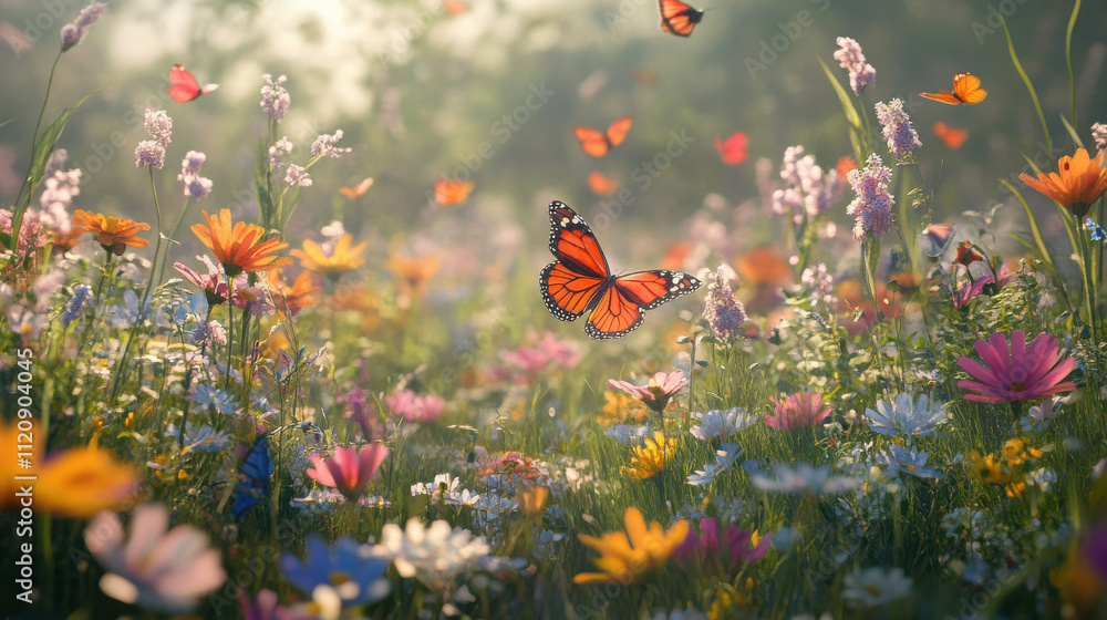 vibrant meadow filled with colorful flowers and butterflies dancing vibrant meadow filled with colorful flowers and butterflies dancing