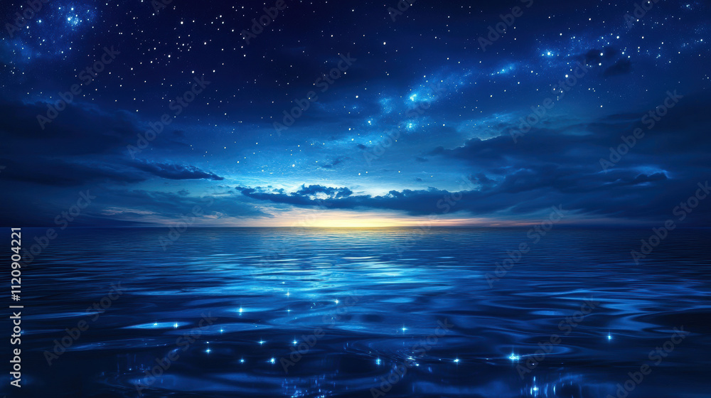 Obraz premium starry night sky over calm lake reflects serene beauty