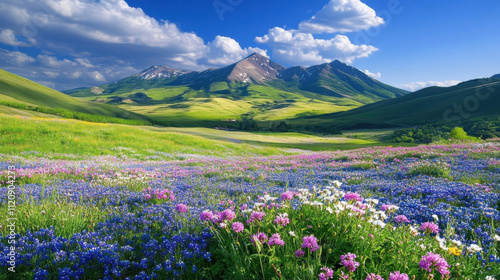 serene landscape of rolling hills covered in vibrant flowers