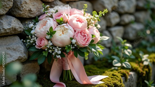 Romantic Pastel Peony & Carnation Bouquet with Pink Ribbon Against Stone Wall photo