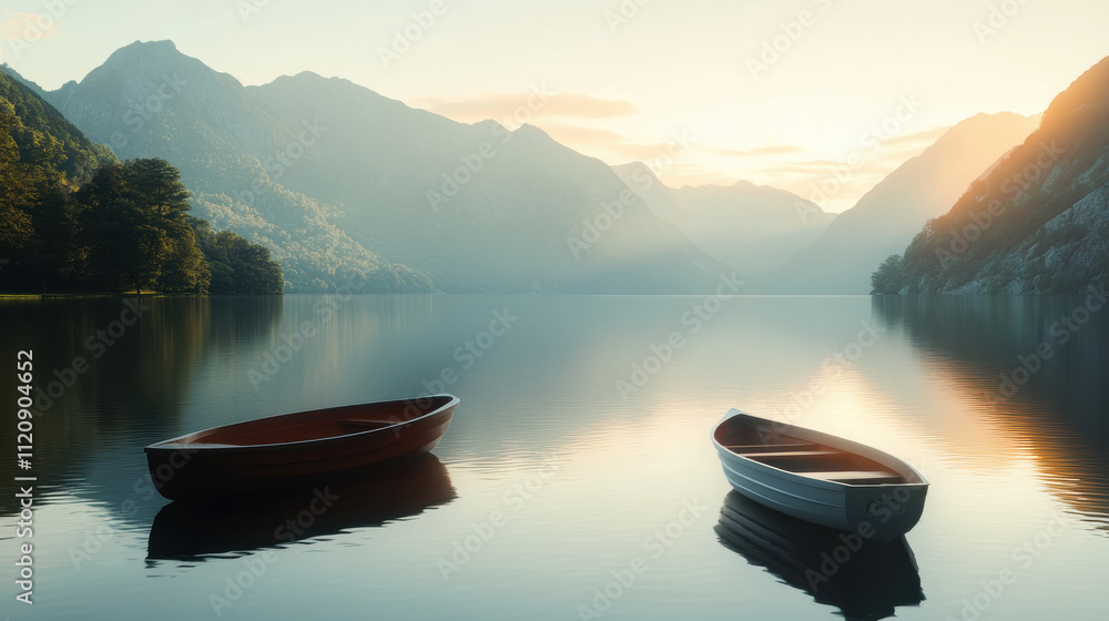 Fototapeta premium serene lakeside scene with two boats and mountains in background